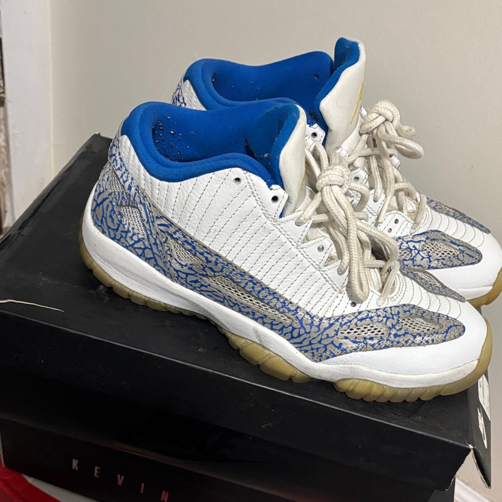Jordan White and Blue Sneakers with Yellow Accents